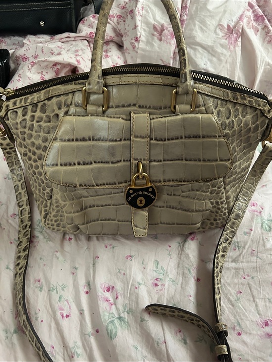 Dooney & Bourke Handbags - Dooney & Bourke Taupe Croc-Embossed Leather Satchel with Brass Hardware